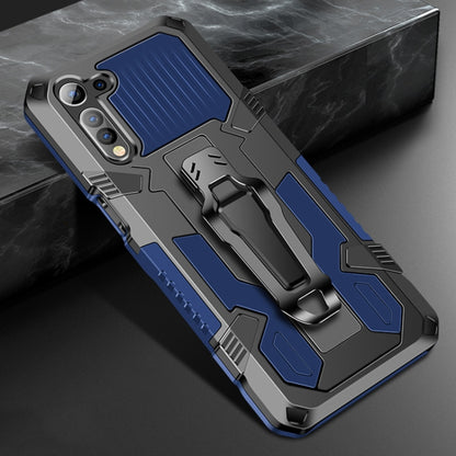Rugged shockproof phone case in blue with built-in kickstand and textured armor look