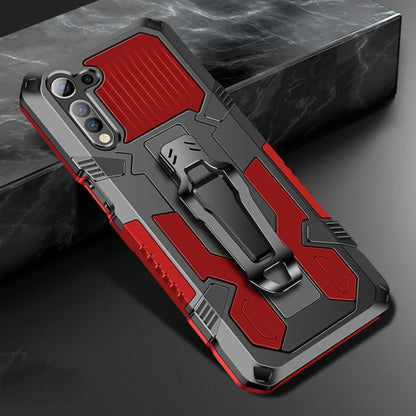 Rugged shockproof phone case in red with built-in kickstand and raised armor edges