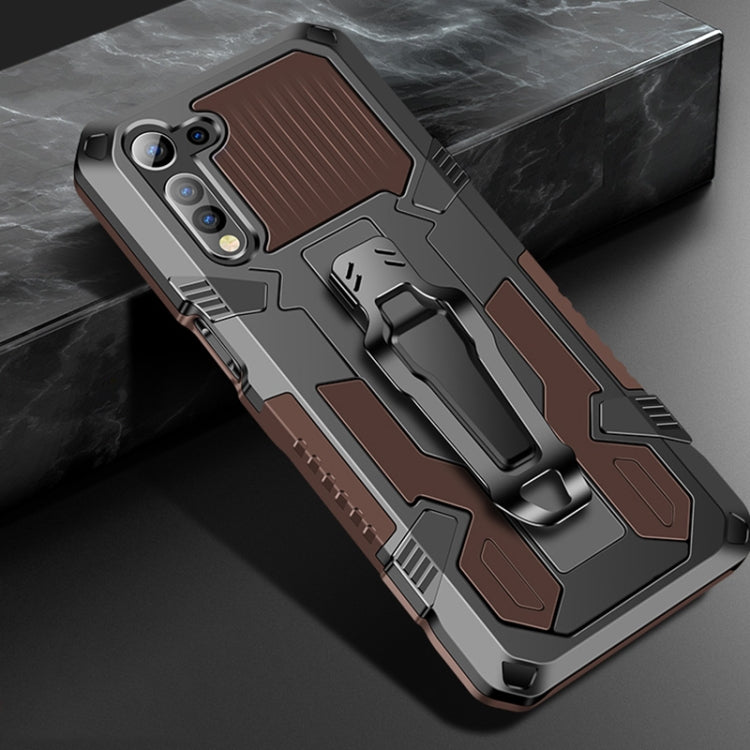 Rugged shockproof phone case in coffee brown with built-in kickstand and camera cutouts