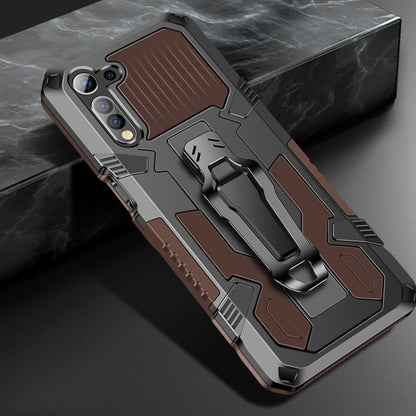 Rugged shockproof phone case in coffee brown with built-in kickstand and camera cutouts
