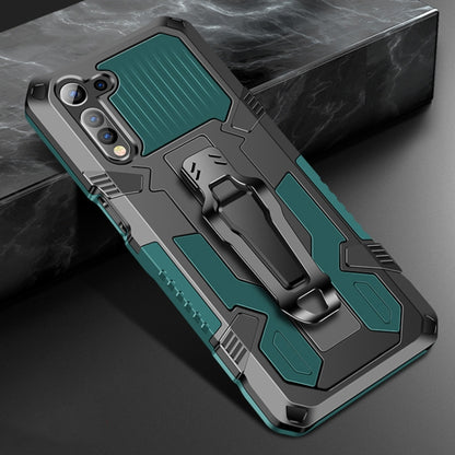 Rugged shockproof phone case in army green with built-in kickstand and camera protection