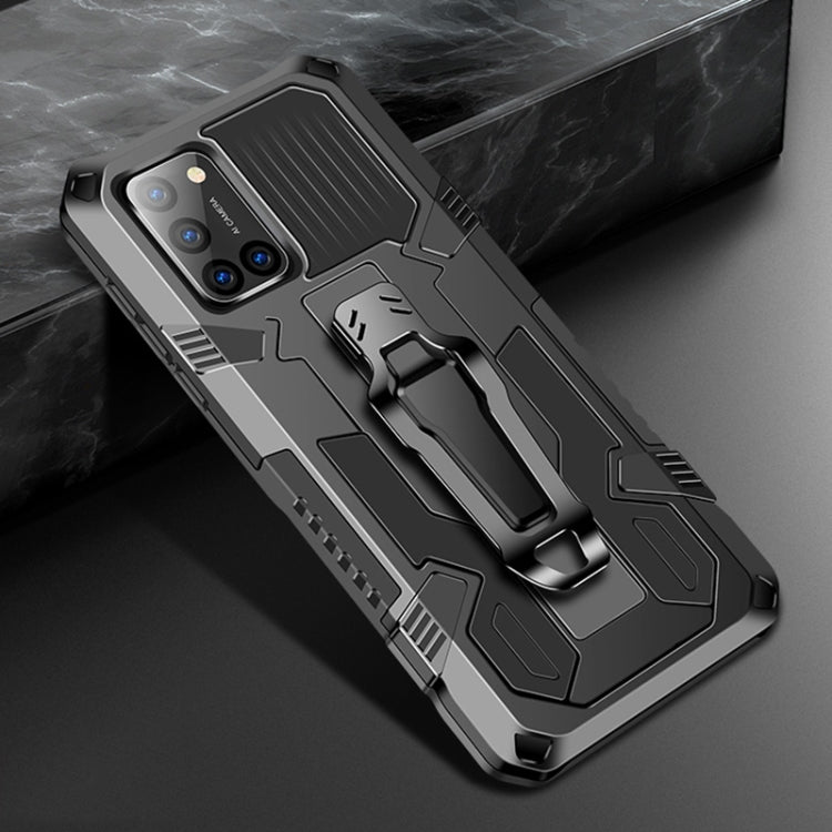 Rugged shockproof phone case in dark gray/black with built-in kickstand and grippy ridges