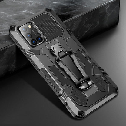 Rugged shockproof phone case in dark gray/black with built-in kickstand and grippy ridges
