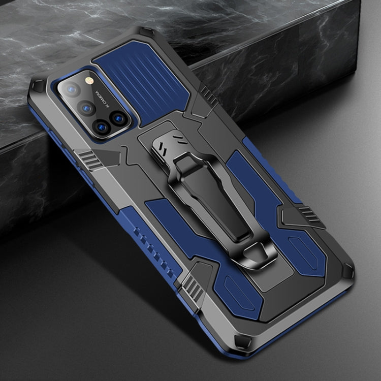 Rugged shockproof phone case in blue with built-in kickstand and textured grip panels
