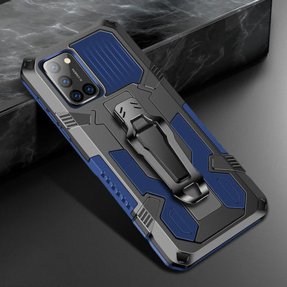 Rugged shockproof phone case in blue with built-in kickstand and textured grip panels