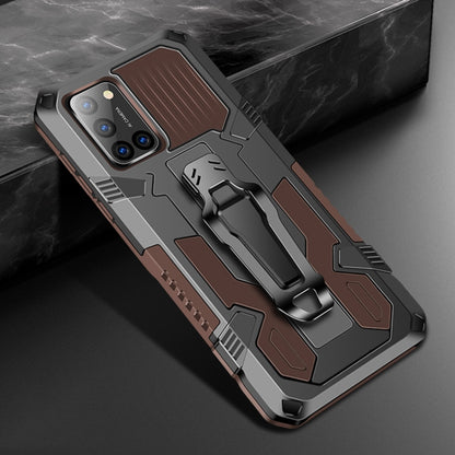 Shockproof protective phone case in brown and black with rugged armor frame
