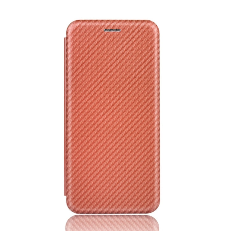 Magnetic flip phone case back cover, carbon-fiber texture, pink/brown color.