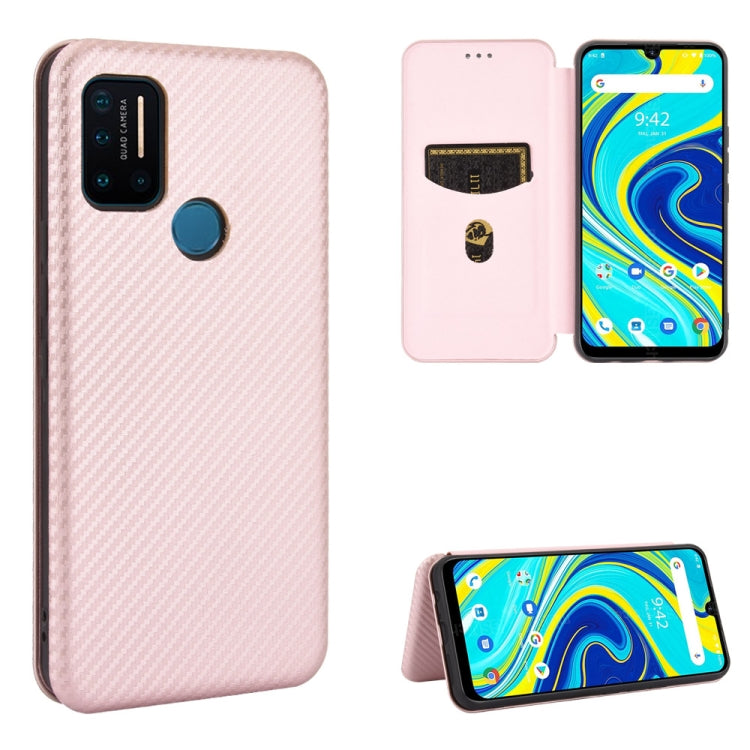 Pink carbon fiber textured magnetic flip phone case with card slot, protective cover.