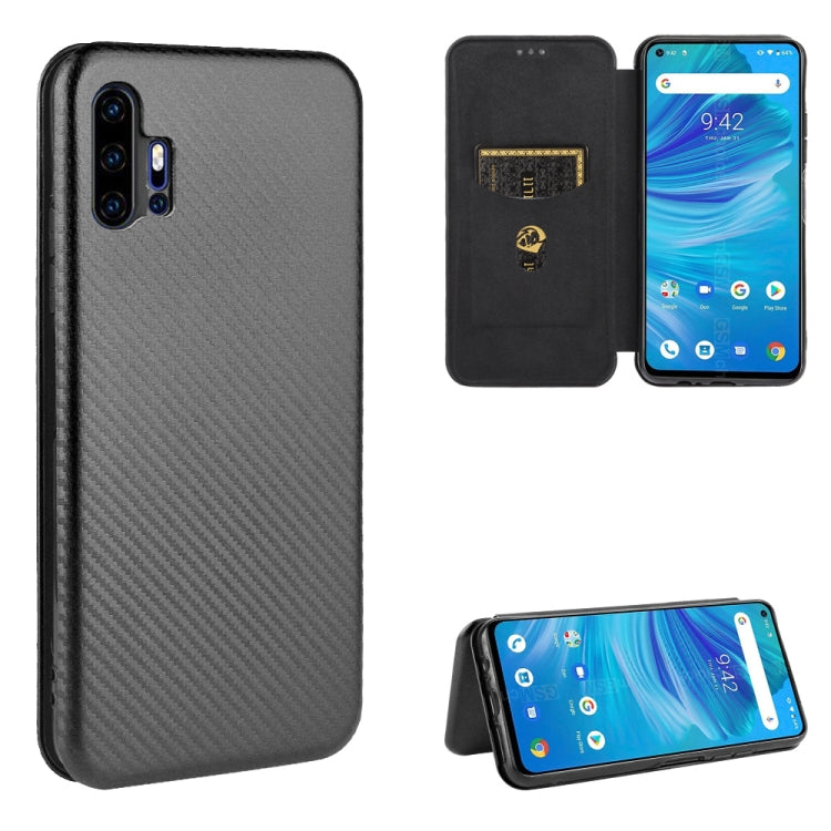 Black carbon fiber textured magnetic flip phone case with card slot, protective cover.