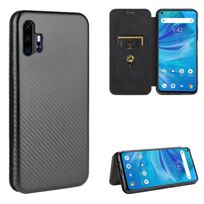 Black carbon fiber textured magnetic flip phone case with card slot, protective cover.