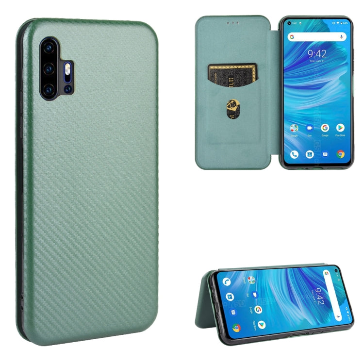 Teal carbon fiber textured magnetic flip phone case with card slot, protective cover.