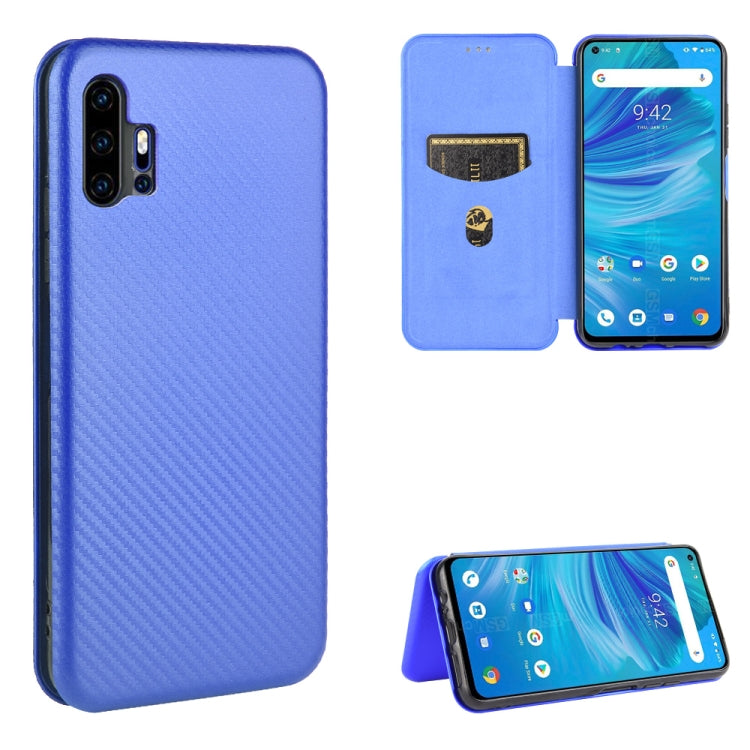 Blue carbon fiber textured magnetic flip phone case with card slot, protective cover.