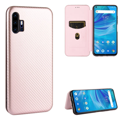Light pink carbon fiber textured magnetic flip phone case with card slot, protective cover.
