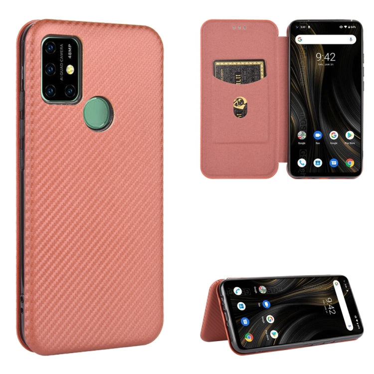 Coral pink carbon fiber textured magnetic flip phone case with card slot, protective cover.