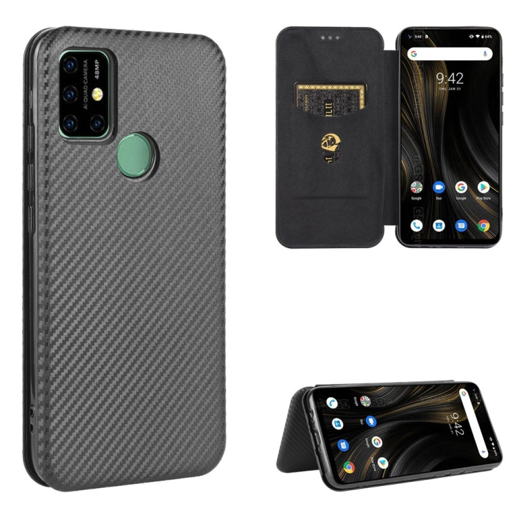 Dark gray carbon fiber textured magnetic flip phone case with card slot, protective cover.