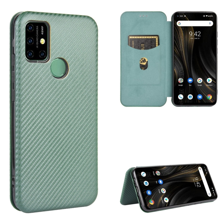 Green carbon fiber textured magnetic flip phone case with card slot, protective cover.