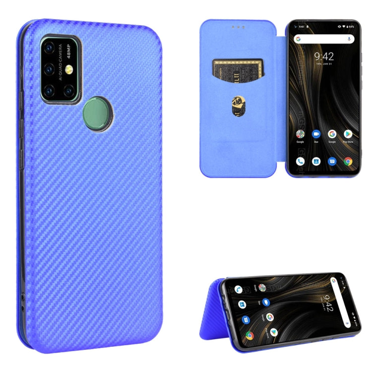 Bright blue carbon fiber textured magnetic flip phone case with card slot, protective cover.