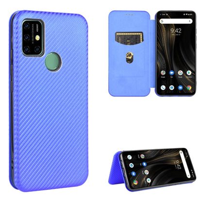 Bright blue carbon fiber textured magnetic flip phone case with card slot, protective cover.