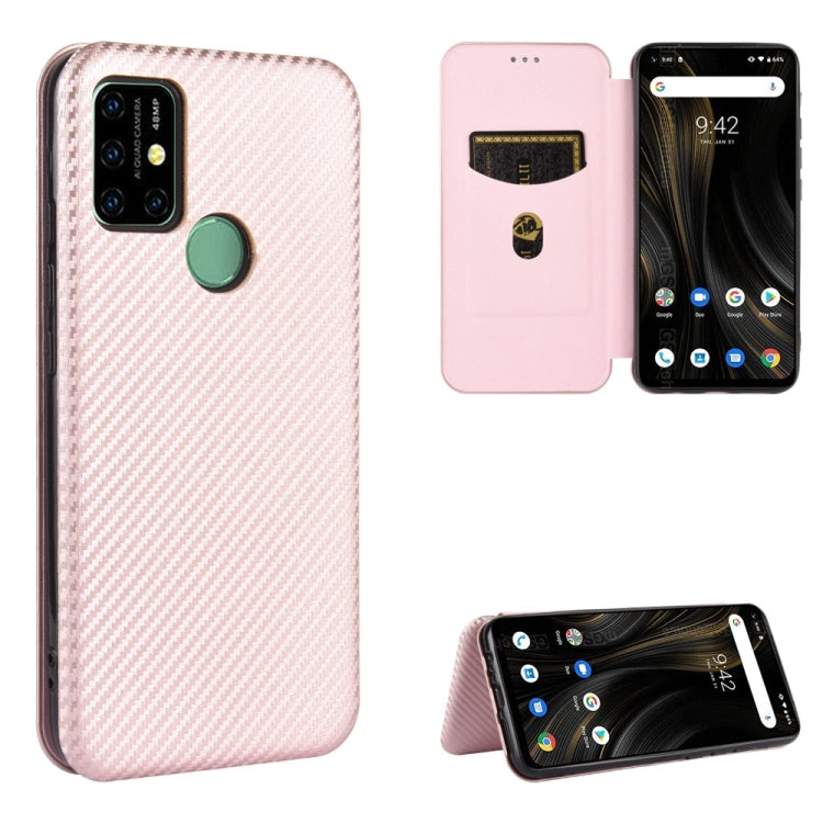 Pink carbon fiber-textured magnetic flip phone case with card slot and stand