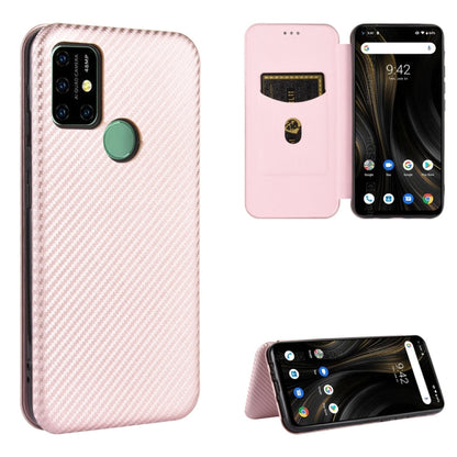 Pink carbon fiber-textured magnetic flip phone case with card slot and stand