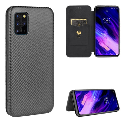Black carbon fiber-textured magnetic flip phone case with card slot and stand