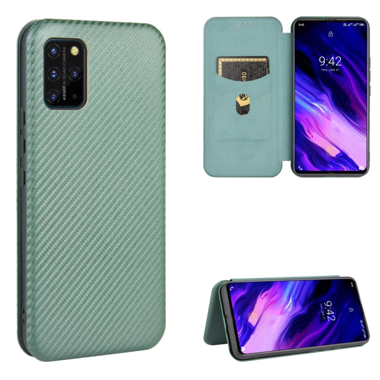 Green carbon fiber-textured magnetic flip phone case with card slot and stand