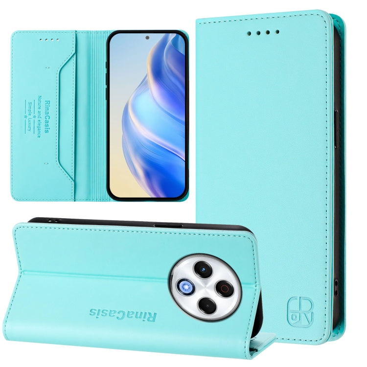 Aqua/turquoise dual-folding magnetic RFID leather phone case with card slots and kickstand