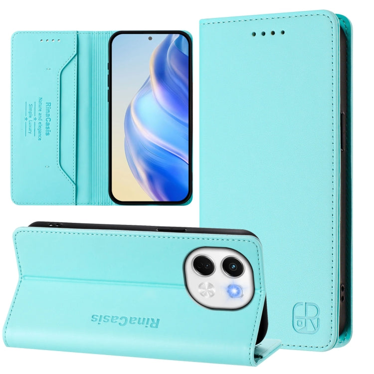 Dual-fold magnetic suction RFID leather phone case, mint blue, front and back.