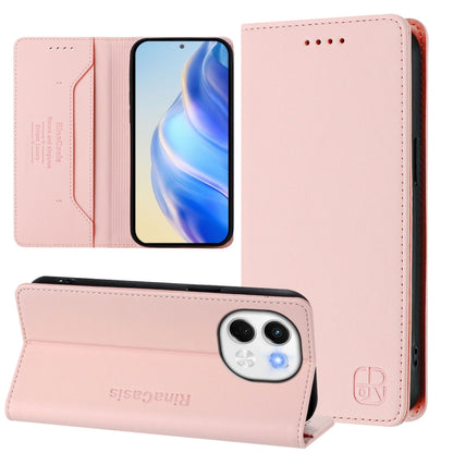 Dual-fold magnetic suction RFID leather phone case, blush pink, front and back.