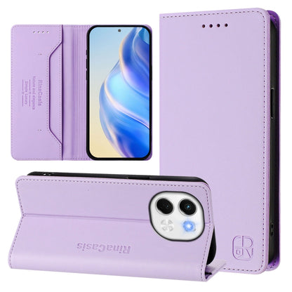 Dual-fold magnetic suction RFID leather phone case, lavender purple, front and back.