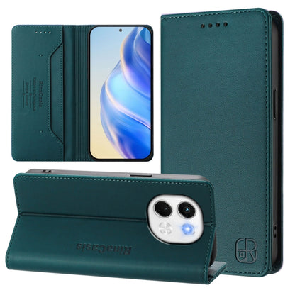 Dual-fold magnetic suction RFID leather phone case, teal green, front and back view.