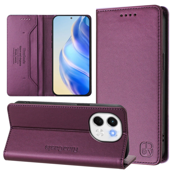 Purple dual-folding magnetic RFID leather phone case with card slots and kickstand