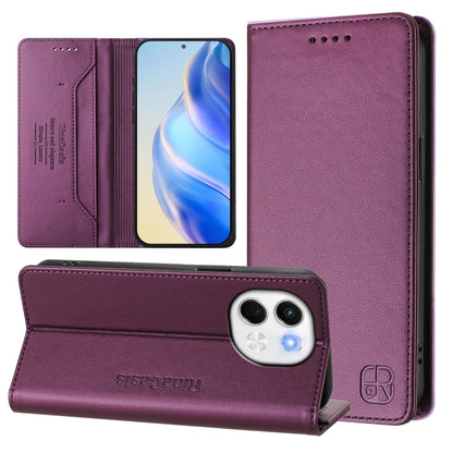 Purple dual-folding magnetic RFID leather phone case with card slots and kickstand