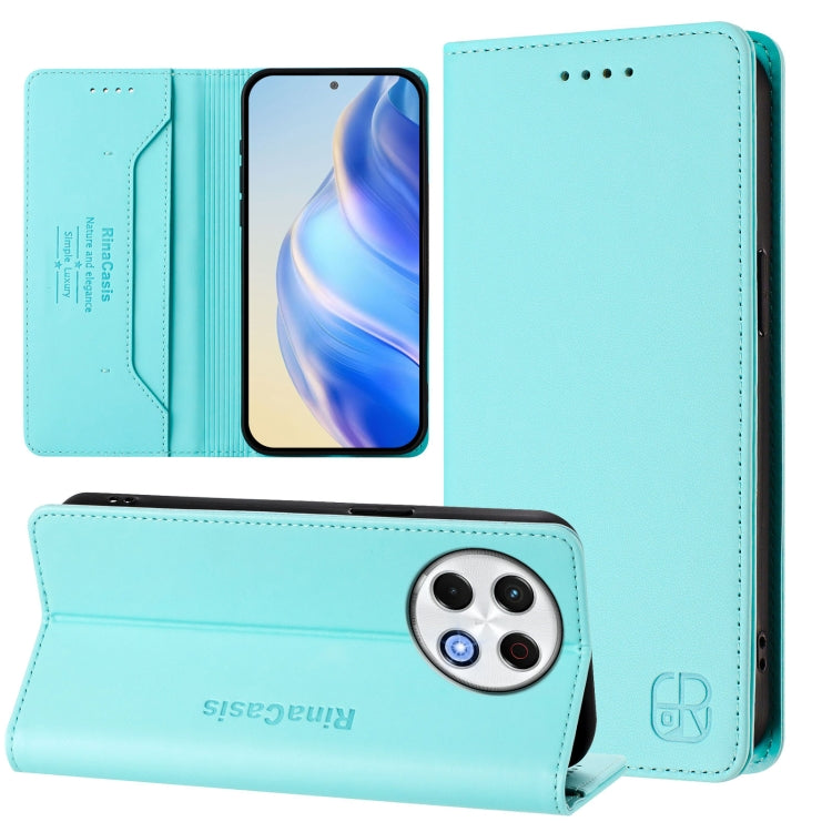 Mint blue dual-folding magnetic RFID leather phone case with card slots and kickstand