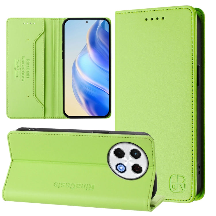 Light green dual-folding magnetic RFID leather phone case with card slots and kickstand