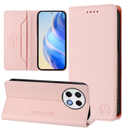 Pink dual-folding magnetic RFID leather phone case with card slots and kickstand