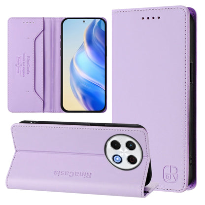 Light purple dual-folding magnetic RFID leather phone case with card slots and kickstand