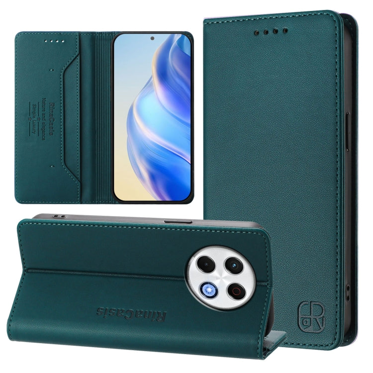 Dark teal dual-folding magnetic RFID leather phone case with card slots and kickstand