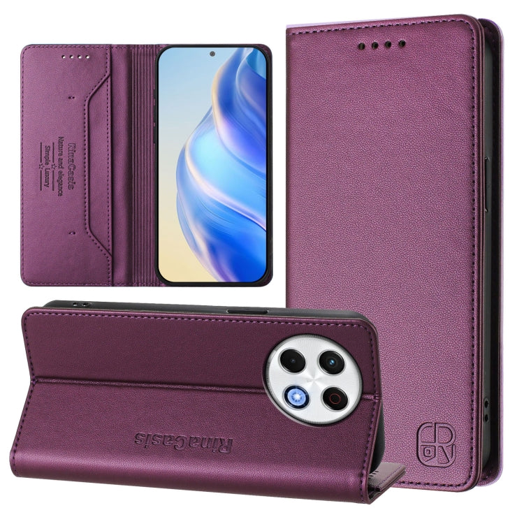 Burgundy purple dual-folding magnetic RFID leather phone case with card slots and kickstand