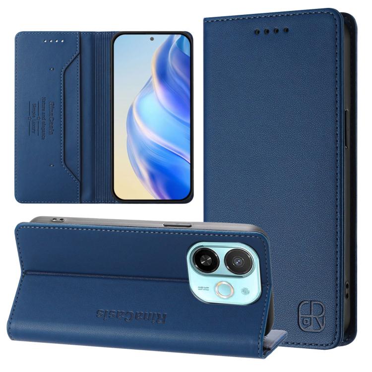 Dark blue dual-fold leather wallet phone case with card slots and kickstand