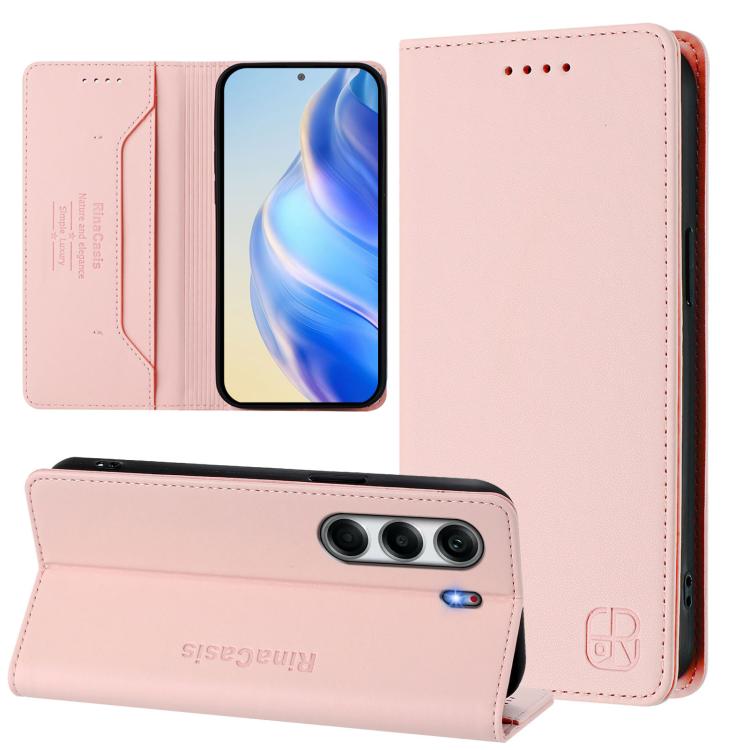 Pink leather wallet phone case with magnetic closure, RFID slots, triple camera cutout