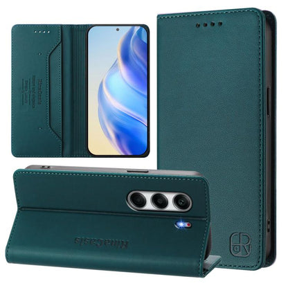 Dark green leather wallet phone case with magnetic closure, RFID slots, triple camera cutout