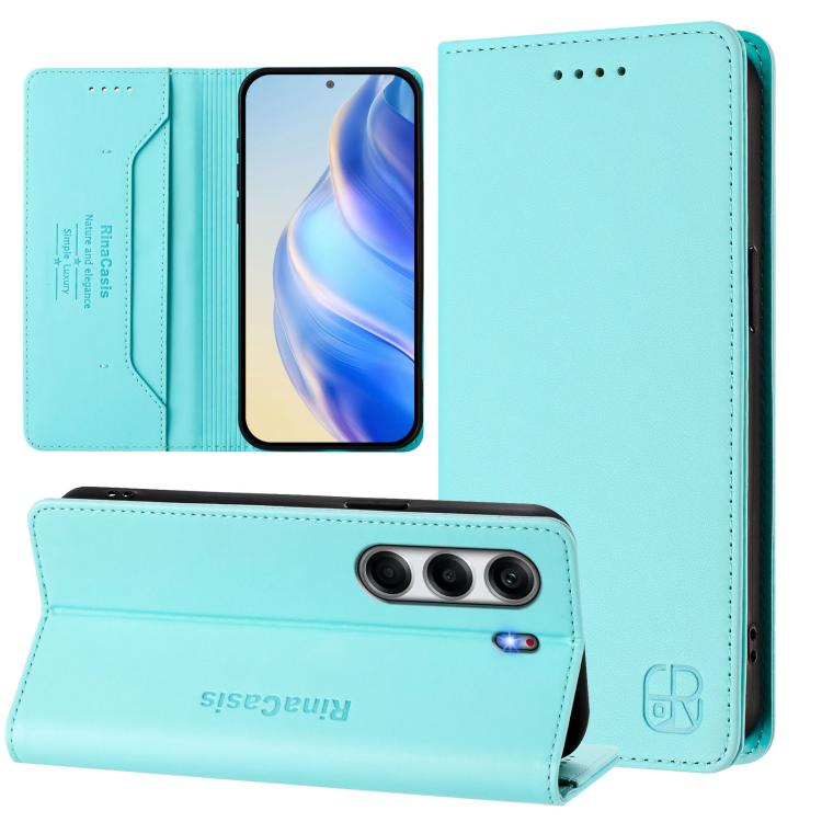 Dual-fold magnetic suction RFID leather phone case, mint green, front and back views