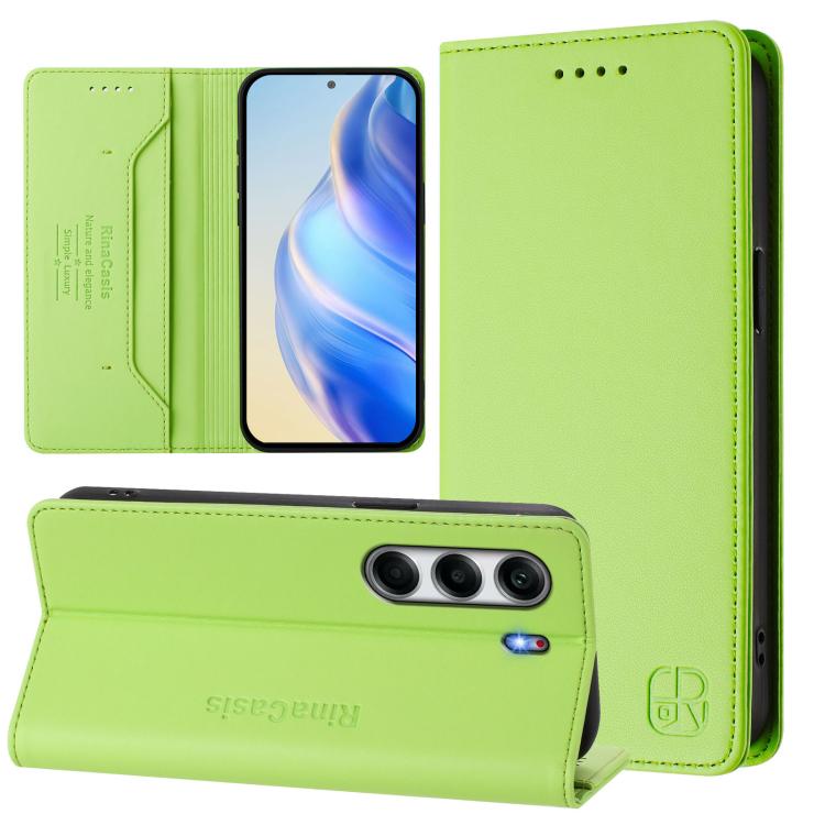 Dual-fold magnetic suction RFID leather phone case, lime green, front and back views