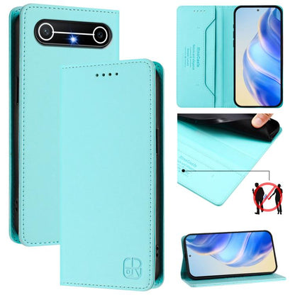 Light turquoise leather phone case with magnetic dual-fold flap and RFID-style card panel