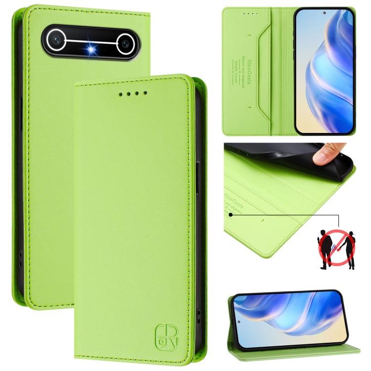Lime green leather phone case with magnetic dual-fold flap and RFID-style card panel
