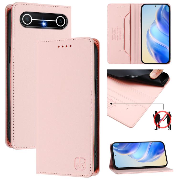 Light pink leather phone case with magnetic dual-fold flap and RFID-style card panel