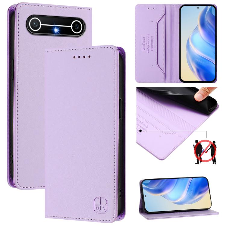 Lavender purple leather phone case with magnetic dual-fold flap and RFID-style card panel