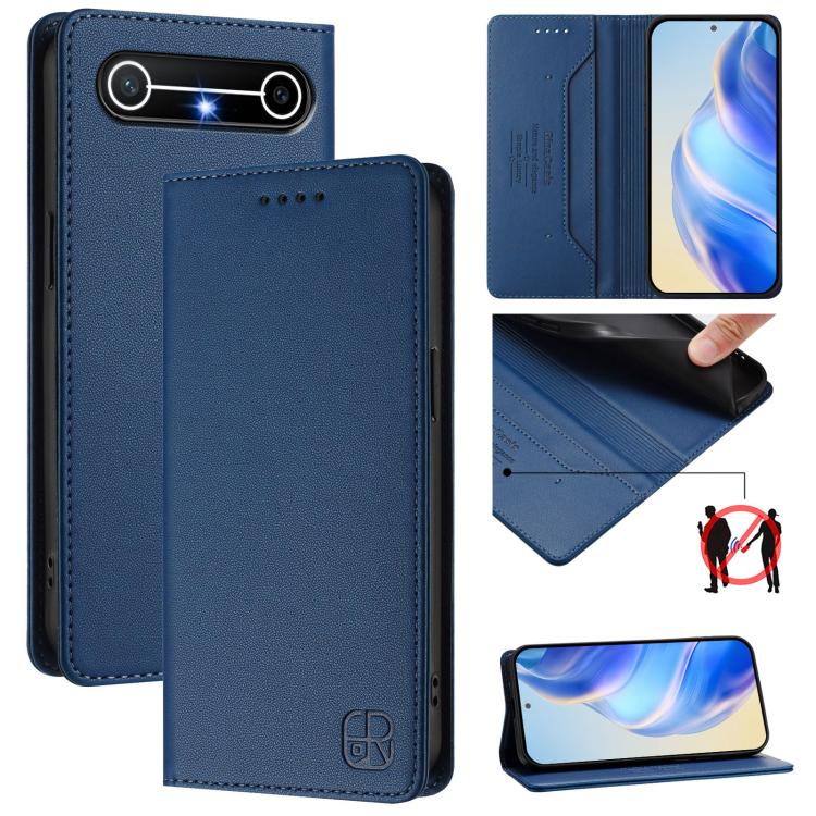 Dark blue leather phone case with magnetic dual-fold flap and RFID-style card panel