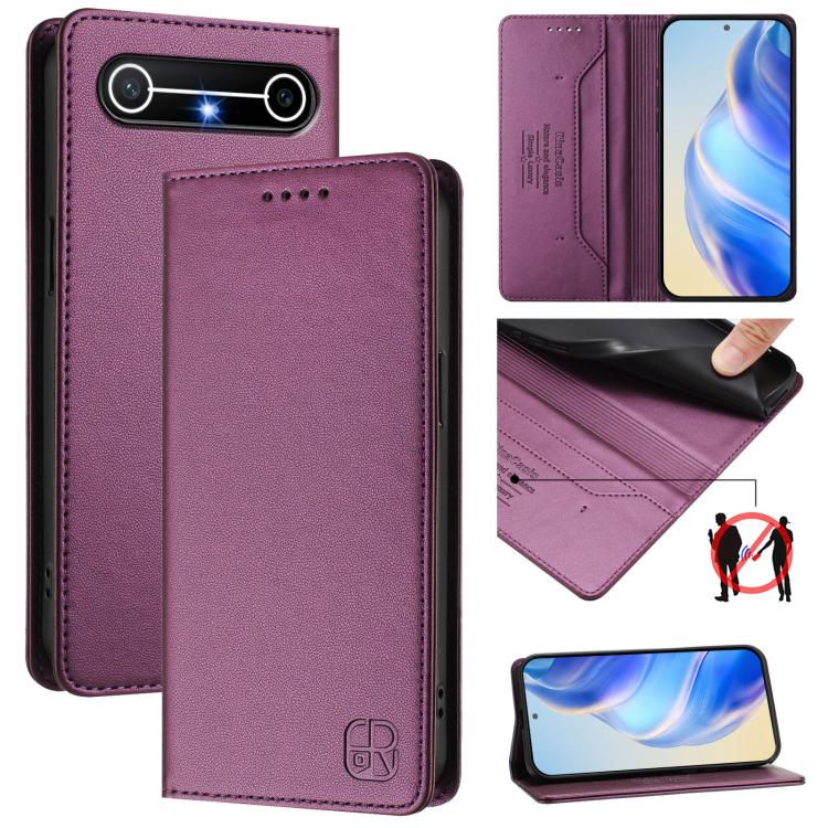 Dual-fold magnetic suction RFID leather phone case, purple, front and back views